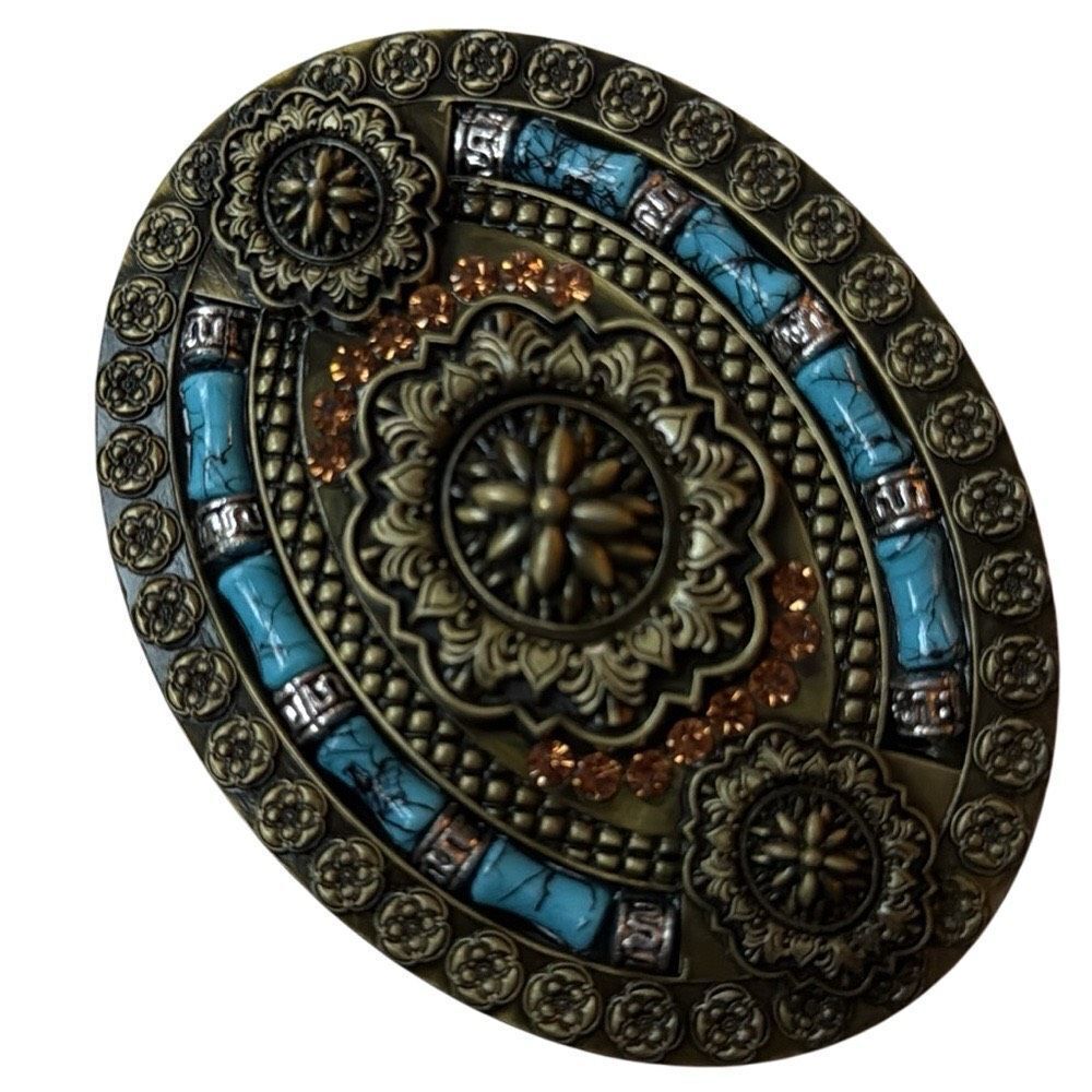Western Vintage Style Metal Belt Buckle – Ornate Design with Faux Turquoise